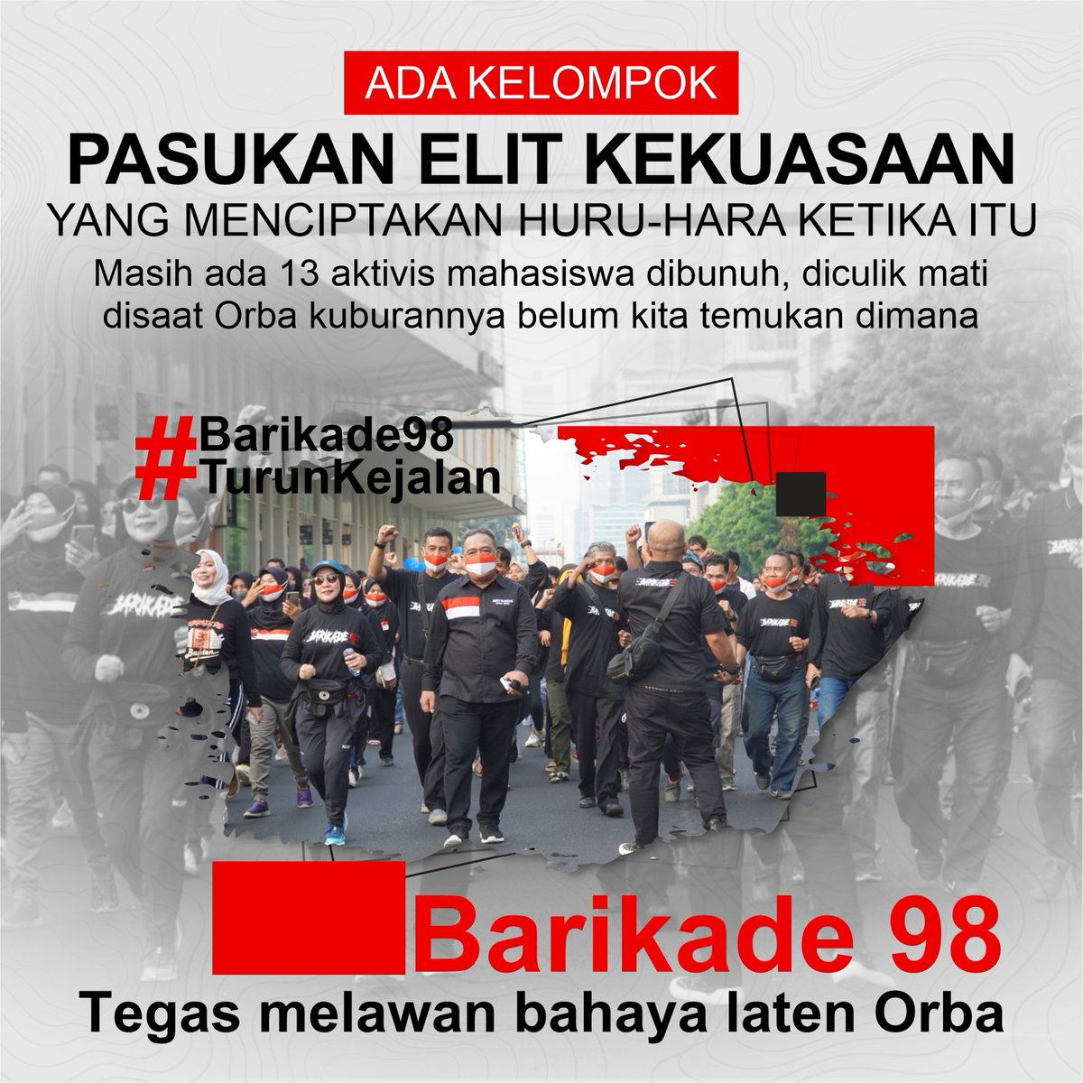estuspoler366's tweet photo. #Barikade98TurunKejalan mengingatkan kita pd momen kelam bangsa. Diduga ada pasukan elit kala itu utk menciptakan huru hara di tengah masyarakat. Kita tentunya tdk menghendaki hal tsb terulang kembali, oleh krn itu tegas kita melawan bahaya laten orba.

https://t.co/7CEYR9t2cQ