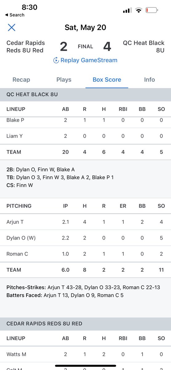 gavpmcgrath's tweet photo. Look at these pitch counts out of the Quad City Heat program 8U team. 4 kids over 120 pitches in two days. 1 of them at 180! https://t.co/3ZTkPbfgOY