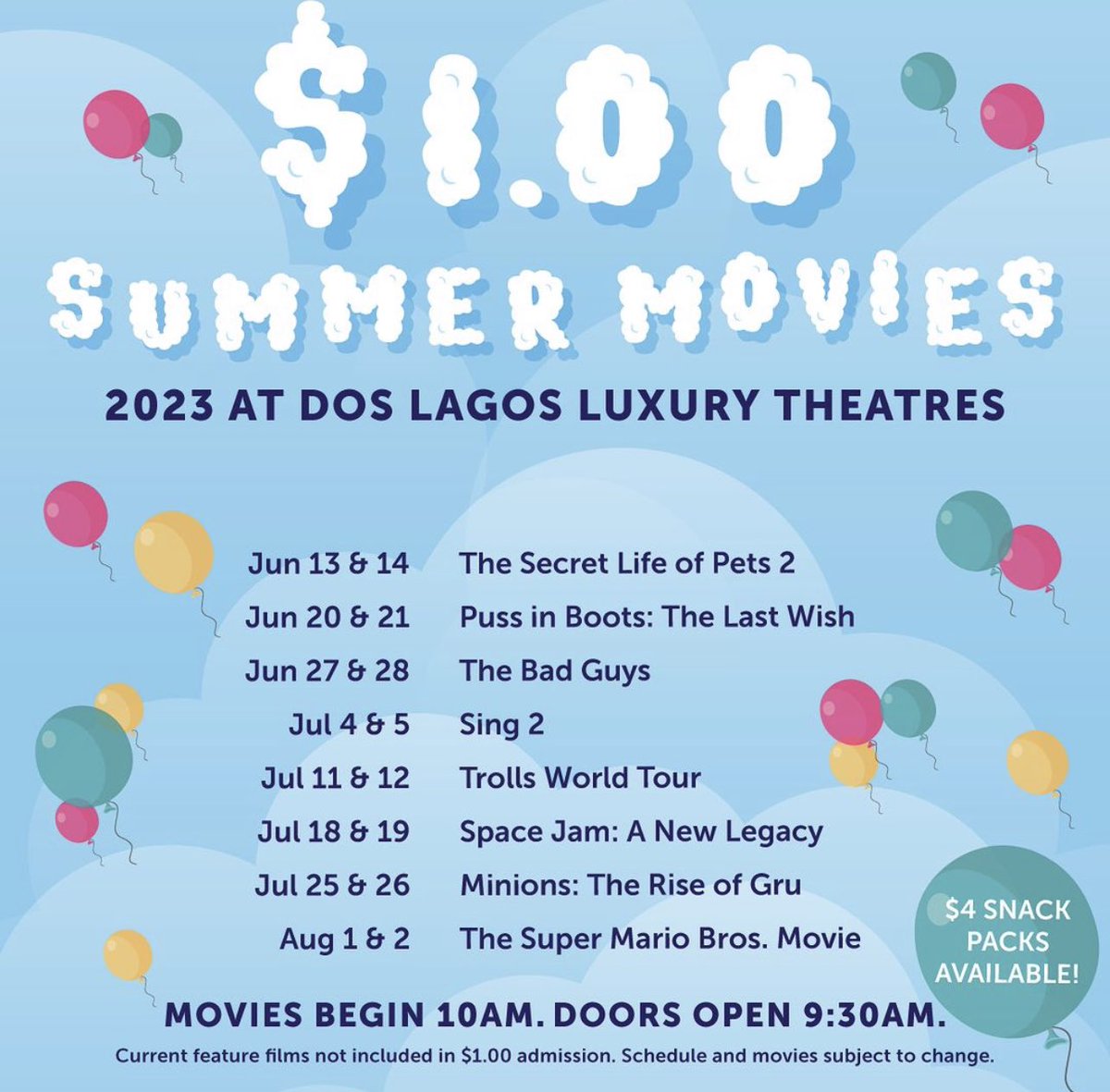 shopdoslagos's tweet photo. Dos Lagos Luxury Theatres 🍿🎥 $1.00 Summer Movie series begins June 13th! Family movies play all summer for only $1.00! 

**Current feature films not included in $1.00 admission. Schedule and movies subject to change. https://t.co/39JOj4C0mO