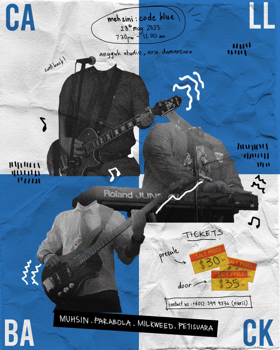 #ONGROUND LIVE : MEH SINI : CODE BLUE
ft. <a href="/muhsinband/">muhsin</a> <a href="/parabolamusicmy/">Parabola</a> #Milkweed <a href="/petisuaramusic/">PETISUARA</a> 
at #AnggukStudio Jalan PJU 1A/3, Ara Damansara #PJ #SELANGOR
SUNDAY May28 730pm
TICKETS: +6012.399.9374 (Nuril) or AtTheDoor