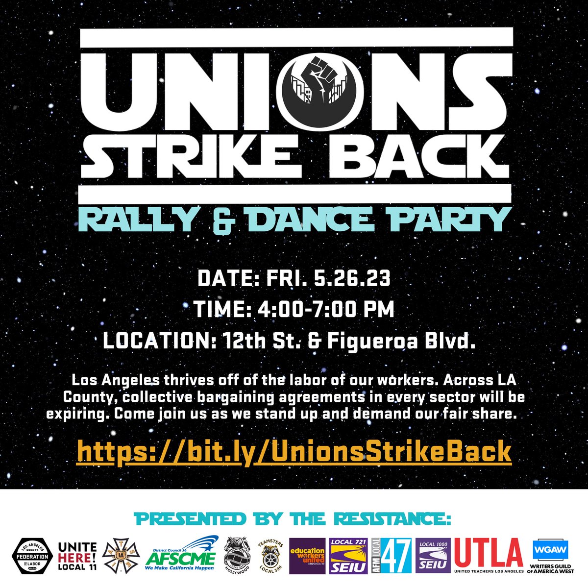 UTLAnow's tweet photo. Workers power Los Angeles. We are a union town! 🗣️ 

LA unions across multiple industries are gearing up for contract fights and potential strikes this year. 

Join us at the first-ever Unions Strike Back: Rally and Dance Party.✊ #UnionsStrikeBack https://t.co/Zf6SzR9nZs