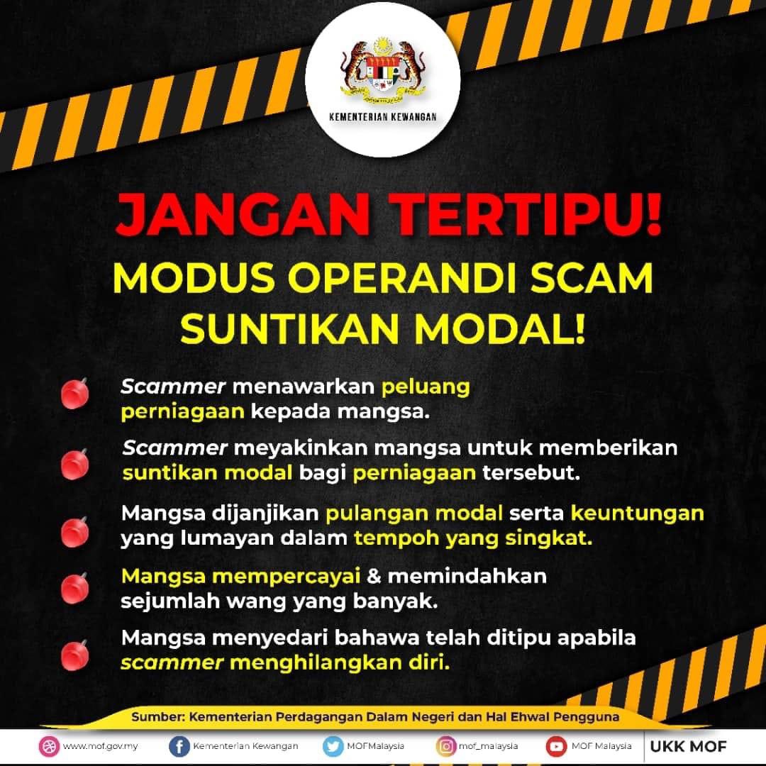 satriasiber's tweet photo. RT PDRMsia: #BeSmartStayAlert
#LetsFightScammerTogether

[POSTING PILIHAN] SCAM ALERT: AWAS! MODUS OPERANDI SCAM SUNTIKAN MODAL

Bacaan lanjut menerusi pautan berikut; https://t.co/BEsvFC3oSp

Sumber: Kementerian Kewangan https://t.co/3H3WmKQo41