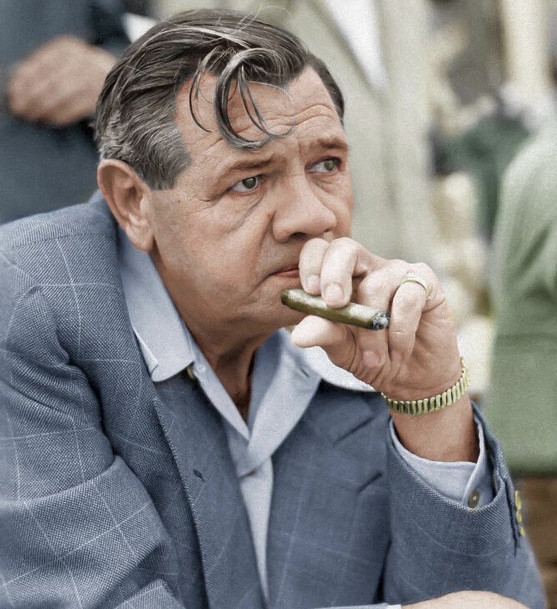 historyinmemes's tweet photo. In 1947, one year before his passing, Babe Ruth was captured in a photograph at the age of 52. Ruth holds a prominent position as one of the most revered sports icons in American culture and is widely acclaimed as the greatest baseball player of all time. Recognizing his exceptional contributions, Ruth was elected as one of the "first five" inaugural members of the Baseball Hall of Fame in 1936.