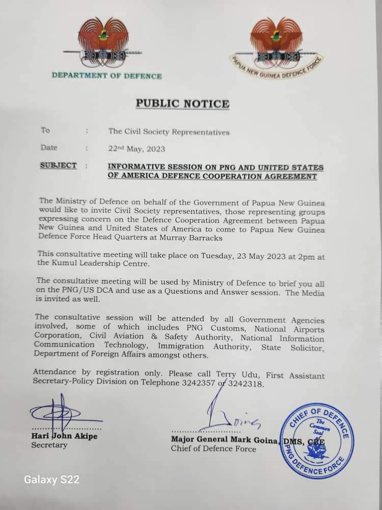 JoeyTau's tweet photo. After much public outcry about the PNG-US military deal, PNG's Department of Defence issues a notice for consultation with civil society, churches, govt ministries, & concerned bodies. This notice was issued just hours ago, with expectations to consult less than day? #PNGpol https://t.co/4J3n65S3T9