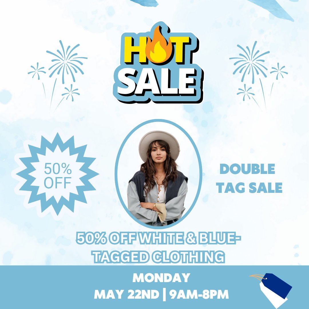 Double Tag Sale: 50% OFF White & Blue Tagged Clothing
Only Tomorrow, May 22nd. See you at OMG! Thrift
.
.
.
#casselberry #altamontesprings #orlando #florida #thriftstorefind #thriftstyle #thriftedfashion #thriftfind #ThriftSociety #thriftedstyle