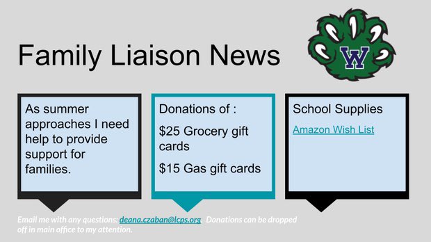 🌟Family Liaison News🌟
As school comes to a close, I need some help supporting our families in need.  Donations can be brought to the Main office - to Deana Czaban’s attention.

$25 grocery gift cards 
$15 gas gift cards
School supplies 
amazon.com/hz/wishlist/ls…