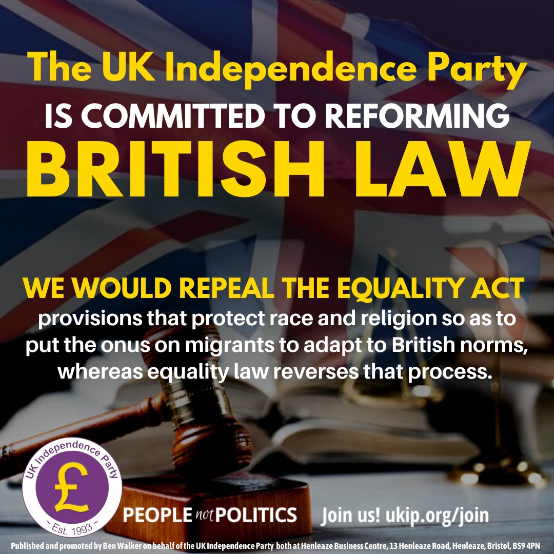 #UKIP will repeal Labour's Equality Act 2010 introduced by Harriet Harman during Gordon Brown's term as PM. It puts the indigenous population in 2nd place. We will put the onus on migrants to conform to UK norms, rather than impose their own

#JoiunUKIP at ukip.org/join
