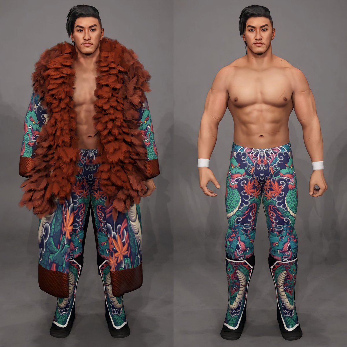 IAmChaoticKid's tweet photo. When you watch too much njpw and decide to make a Japanese wrestler yourself I’m loving how I did the gear 🔥 #WWE2K23 #CAW #CAWmmunity https://t.co/Oguk8lZsIu