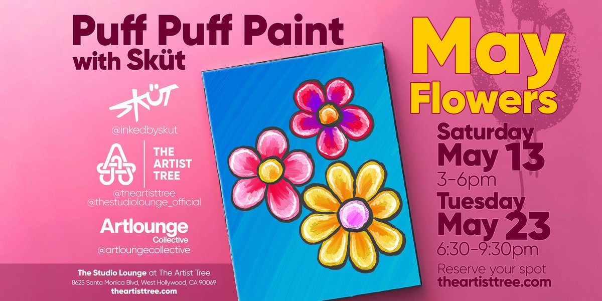Come #paint with me! Special <a href="/inkedbyskut/">Sküt</a> Puff Paint weeknight edition, creating some May Flowers #art for mom. Tue May 23 6:30-9:30 at <a href="/TheArtistTreeCA/">The Artist Tree</a> #weho #westhollywood 🎟️👉 bit.ly/41t8d2D