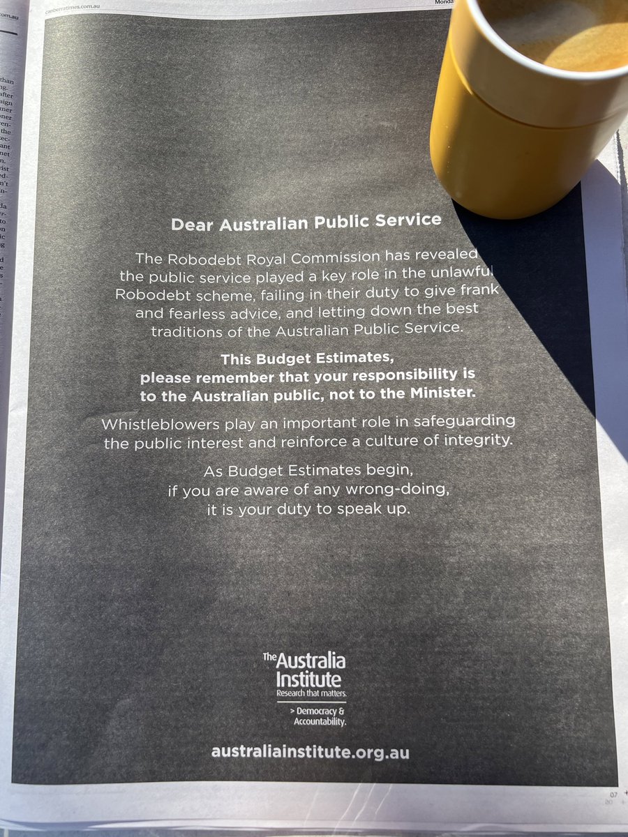 Our ad in the @canberratimes today as Senate #Estimates kicks off in Parliament. If you see something, say something #Whistleblowers