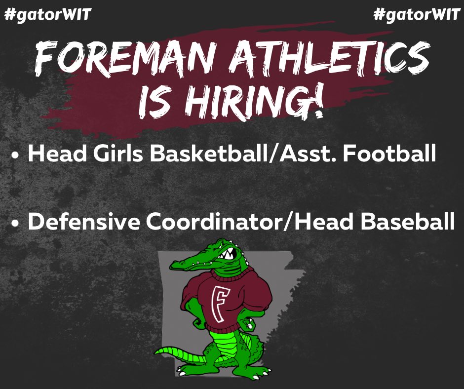 _cam74's tweet photo. Foreman School District is looking to fill these positions below! Resumes can be sent to AD/Head Coach Nate Lynch at nlynch@foremanschools.org
@ArFCAArkansas https://t.co/snu9ZUVidE
