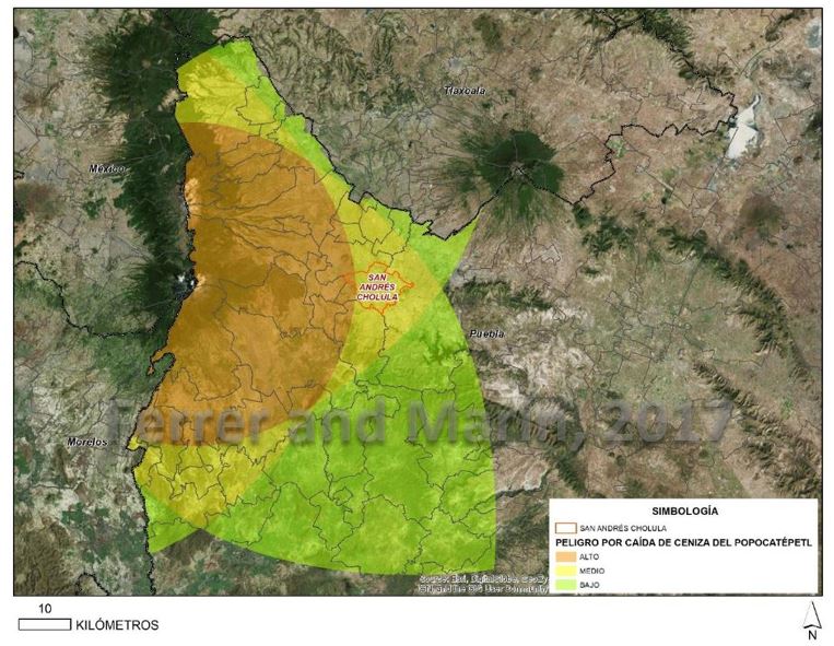 hferrert's tweet photo. Les comparto este mapa que muestra la probabilidad de caída de ceniza debido a la actividad del Popocatepetl (Creado en 2017, para el municipio de San Andrés Cholula). Espero les sea de utilidad. https://t.co/qLImTjJUSk
