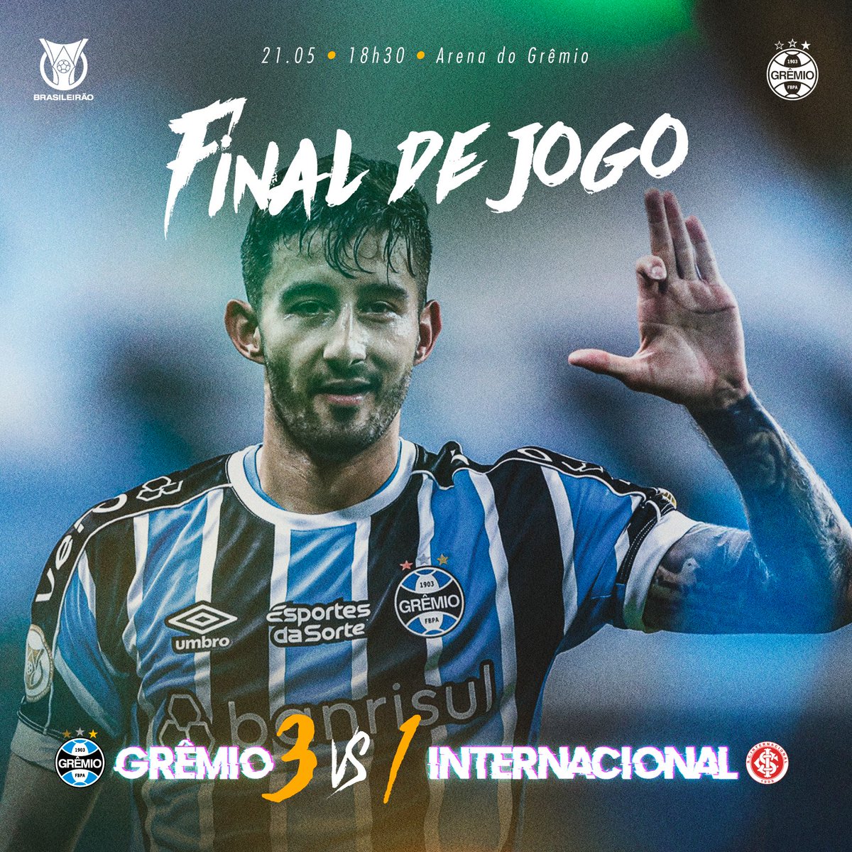 Final de jogo: #Grêmio 3x1 Internacional

Com golaços de Suárez, Villasanti e Bitello, amassamos o adversário aqui na Arena e vencemos mais um clássico, mesmo com um a menos em campo! É O GRÊMIO E NÃO ADIANTA!

🇪🇪 #Grenal439 #Brasileirão2023