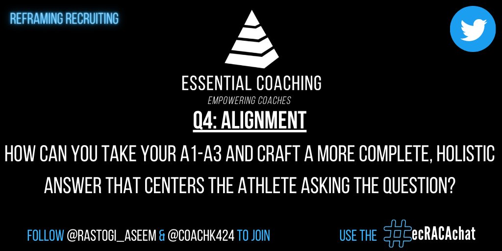CoachEssential's tweet image. Q4: Alignment

Athlete centered coaching and the #HumanComponent are at the heart of recruiting conversations.

Build that into your answers and you’ll see your recruiting and retention skyrocket.

That is, if you mean it.

Use A4 &amp;amp; #ecRACAchat in your answers.