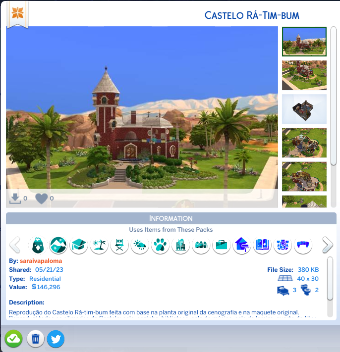 hojetapesado's tweet photo. FINALMENTE ACABEI!
O Castelo já tá na galeria mundial do #TheSims. Se você quiser baixar a construção, busque meu EA Account ID na galeria: saraivapaloma. Ou busque pelas hashtags #ratimbum ou #casteloratimbum também! @TheSims @tvcultura https://t.co/I0aAYryaQt
