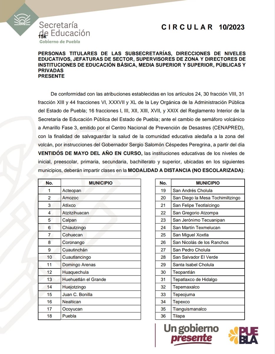 SomosBINE's tweet photo. El @Gob_Puebla a través del gobernador @SergioSalomonC, ha girado las instrucciones correspondientes a la titular de la @SEPGobPue @MerloIsabel para que se suspendan las clases de forma presencial ; ante el cambio de semáforo volcánico a #AmarilloFase3 ... https://t.co/0snWzDI4qr