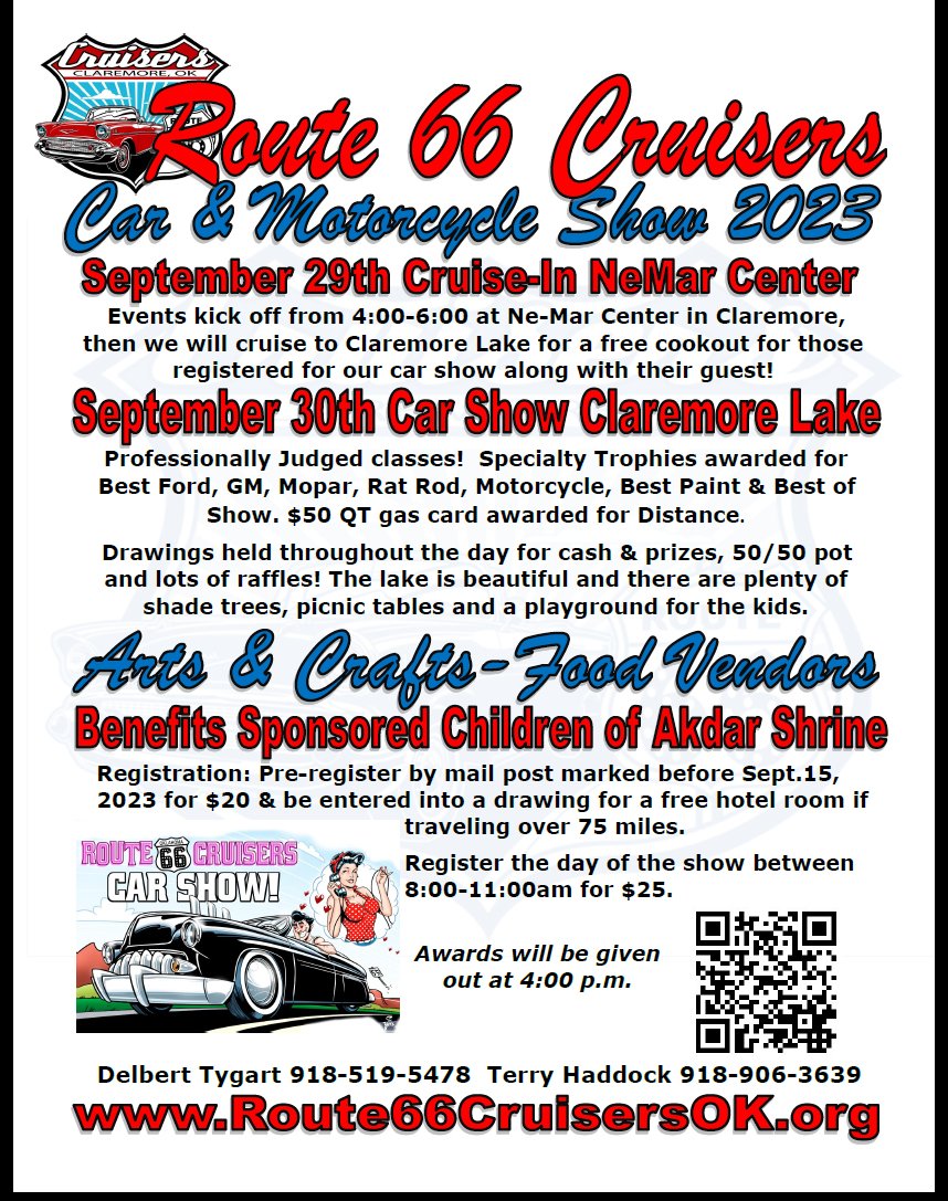 Route 66 Cruisers Car Show 2023! 
Mark your calendars for September 29th-30th in Claremore, OK 

#route66 #claremore #oklahoma #carshow #cars #motorcycles #rogerscounty #classiccars