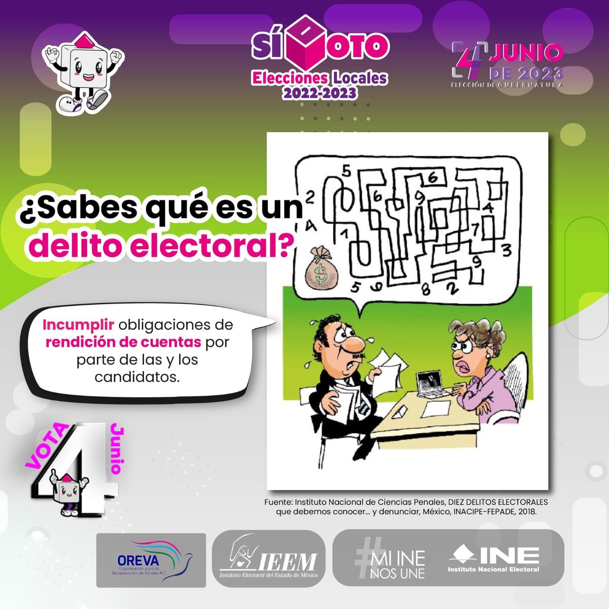 OrevaAc's tweet photo. ¿Sabes qué es un delito electoral? ¡Denuncia! Este 4 de junio tu voto es libre, secreto y nadie te puede condicionar. ¡Elige bien informada o informado a tú candidata! #SiVoto #MiEstadoMiElección #MiINENosUne https://t.co/RVK1pYiqfH