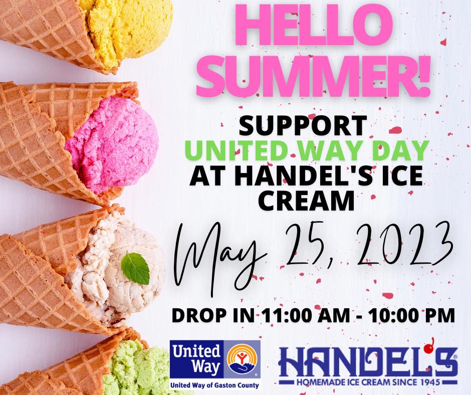 unitedgaston's tweet photo. The United Way of Gaston County has teamed up with Handel's Ice Cream Gastonia to name Thursday, May 25, 2023 United Way Day at Handel’s! Drop-in anytime from 11:00 am – 10:00 pm to show your support and enjoy a scoop of ice cream. Handel’s is located at 2272 E Franklin Blvd… https://t.co/cHJiozckBC
