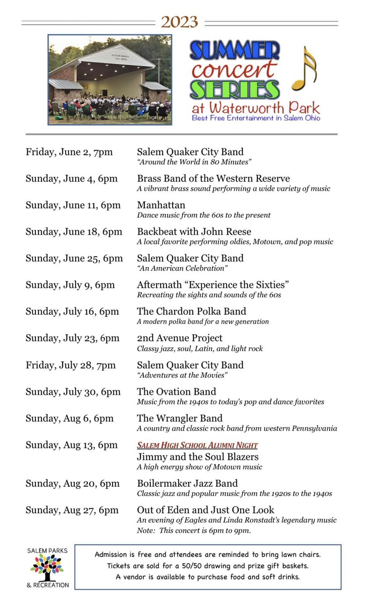 The 2023 #SummerConcertSeries at #WaterworthPark kicks off Friday June 2nd at 7:00pm with the Salem Quaker City Band!! Admission is FREE!!

#vso #visitsalemohio #localentertainment
