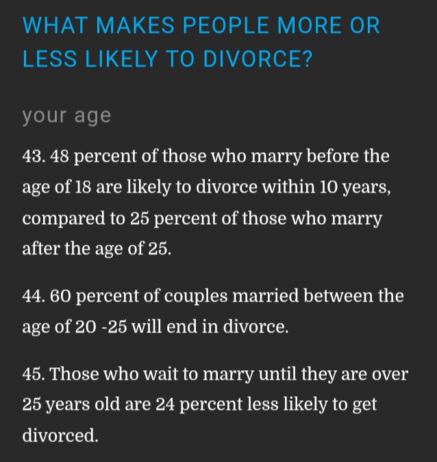 water509tk's tweet photo. @Nicksell1127 @RushKaitie @ChinoMareno @preng_23 @Bornakang 5 second Google search to disprove this I heard this so many times it's not true To be fair later it talks about people who meet while young EVENTUALLY getting married seems to end in less divorce. But marrying at a young age is not a good idea I'll link the full thing https://t.co/yMMH2nU5BP