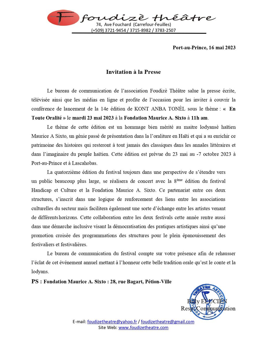 foudizetheatre's tweet photo. Invitation à la presse…
23 mai 2023 à 11hres AM au local de la @FondationSixto  #Sixto https://t.co/KbtGmg4BjZ