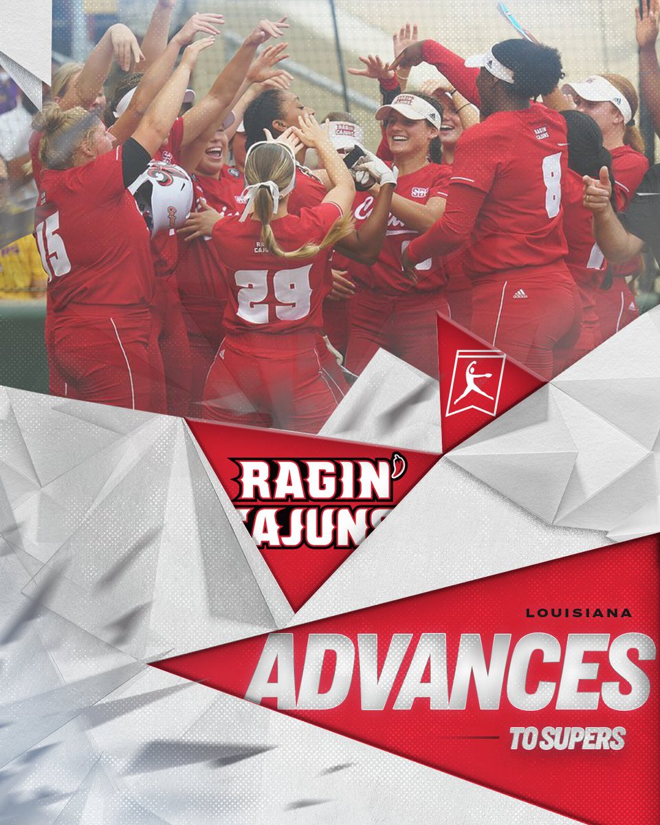 NCAASoftball's tweet image. THE SUPERS ARE GONNA BE SPICY!!!! 🌶

@RaginCajunsSB wins an epic battle with (10) LSU to win the Baton Rouge Regional and advance to the Super Regionals.

#RoadToWCWS