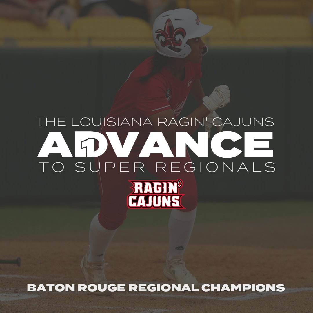 D1Softball's tweet image. Next Stop ➡️ SUPERS

@RaginCajunsSB wins the Baton Rouge Regional and advances to Super Regionals.  

#D1Softball
