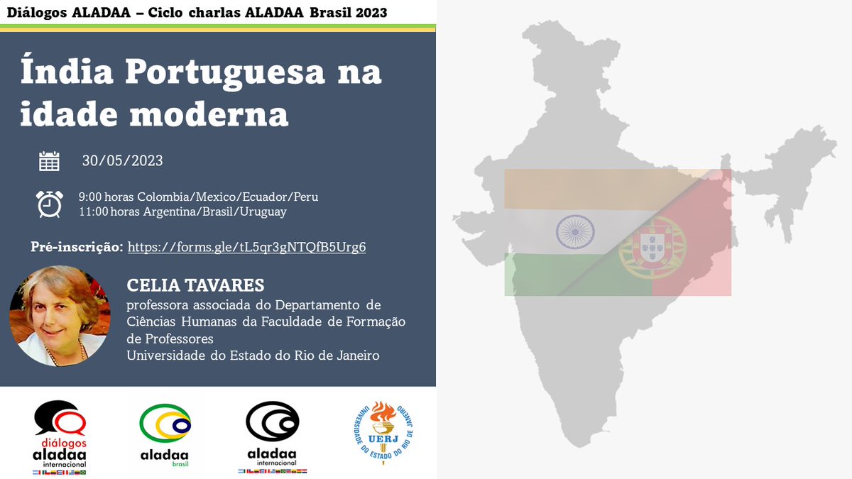AladaaColombia's tweet photo. 📢 Regresa #DiálogosALADAA con un ciclo de charlas con académicos de #aladaabrasil el próximo 30 de mayo: "India Portuguesa na idade moderna" con la profesora Celia Tavares 
Inscripción previa 👇👇https://t.co/inlaRIKaiy  
#Indianstudies #womenalsoknowstuff #aladaa https://t.co/nsJpZ8sW7W