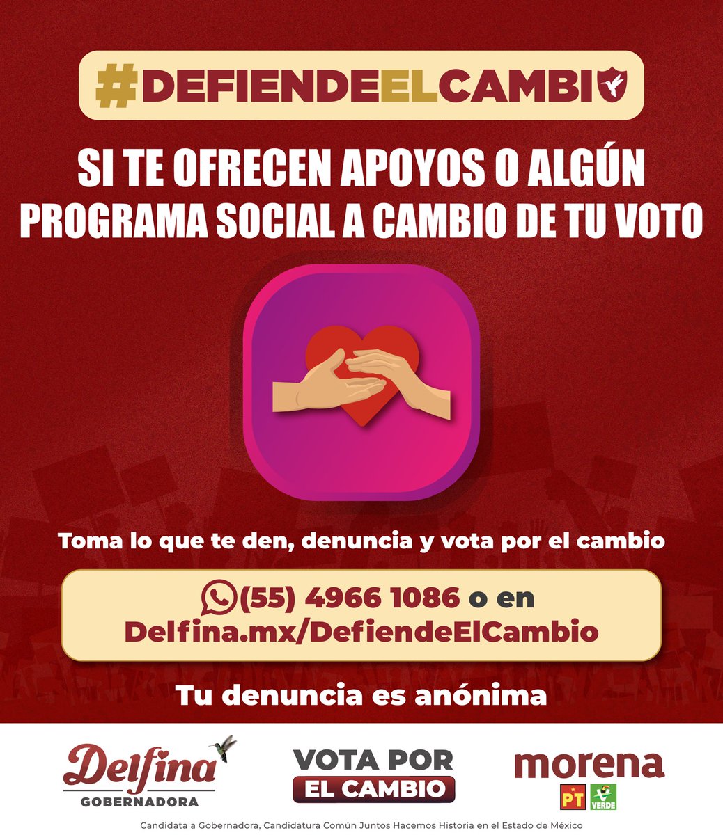delfinagomeza's tweet photo. Es una pena que se utilicen los programas sociales para pedirte tu voto. Esto, además de ser un acto vil, es un delito ¡DENÚNCIALO! Te apoyaremos y asesoraremos en caso de presenciar o ser víctima de una ilegalidad. ¡#DefiendeElCambio, apoyemos juntas y juntos la transformación del #EdoMex!
 
#DelfinaGobernadora #VotaPorElCambio