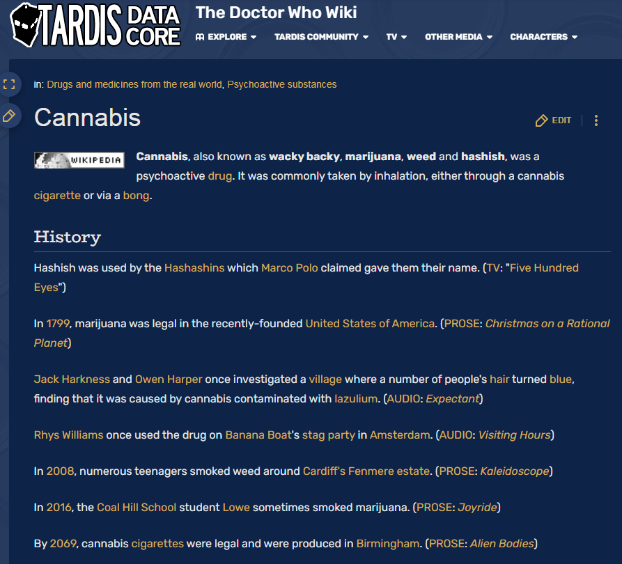 dr. who portraying (or dr. who actively doing) marijuana and other drugs -- yea or nay?
