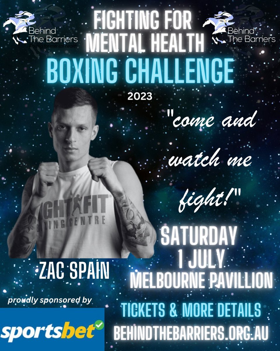 Behind The Barriers Fighting For Mental Health Boxing Challenge, July 1st 5.30pm onwards Melbourne Pavilion, come watch &amp; support Zac Spain lace up the gloves, you can purchase your ticket here, tables available also megatix.com.au/events/btb-2023 <a href="/lil_spaino96/">Zac Spain</a>