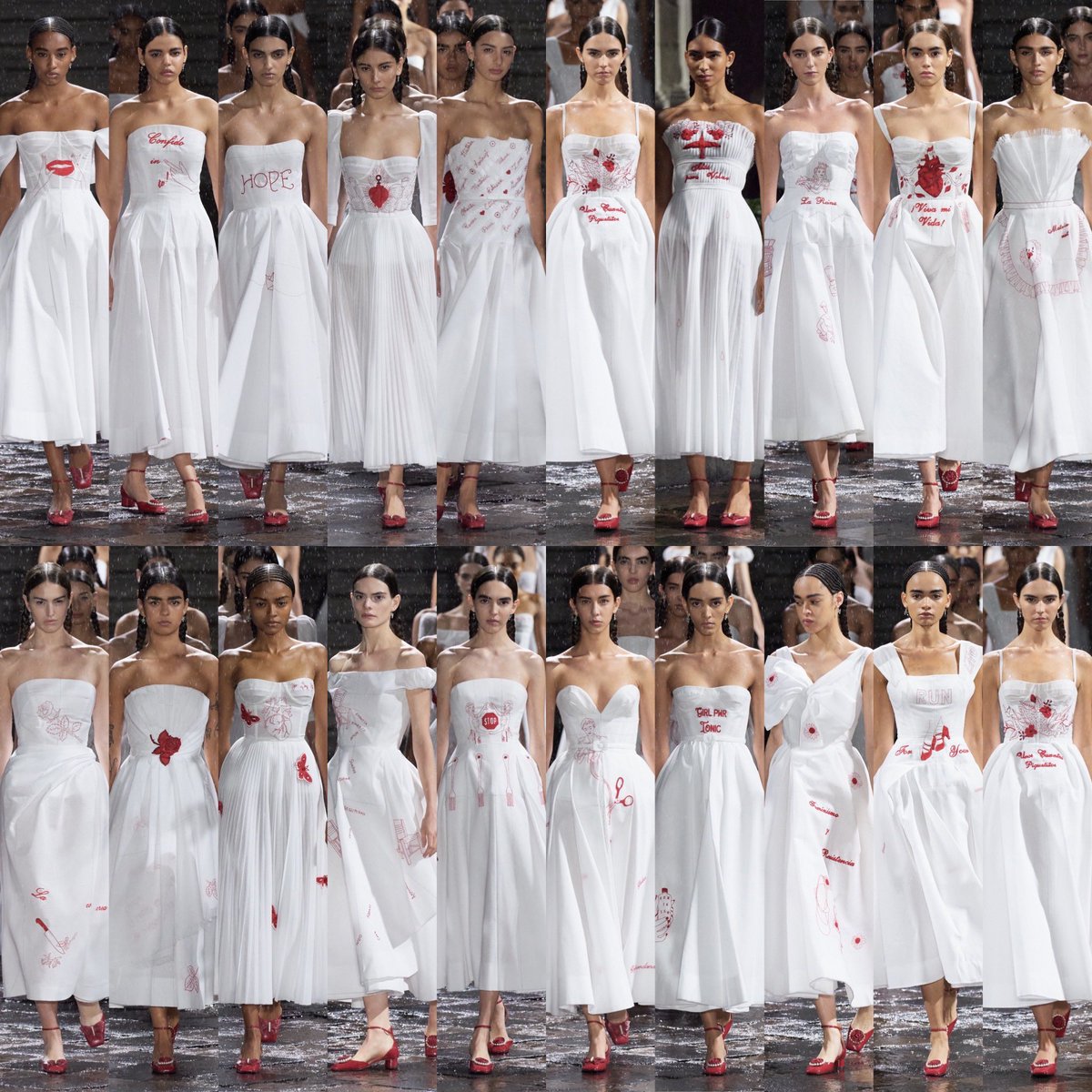 rebecamaccise's tweet photo. Maria Grazia Chiuri agradeció a Elina Chauvet, artista mexicana, “por realizar la actuación más conmovedora, poética y fuerte que jamás haya visto”.

Los 20 vestidos blancos bordados con hilo rojo de la colección Dior Crucero 2024 forman parte del proyecto de arte “Confianza”, que Elina empezó en 2013, dedicado a Pippa Bacca, artista italiana.