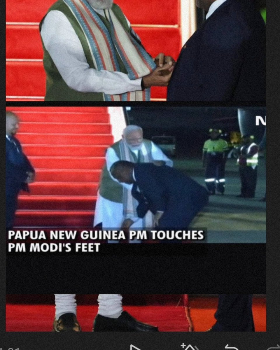 PM Marape Touches Indian PM Modi's Feet as A Gesture Of Respect. 🇮🇳🇵🇬
According to the Hindu tradition, when you touch the feet of an elder person, you are in turn blessed with knowledge, intellect, strength and fame.
#India #PapuaNewGuinea