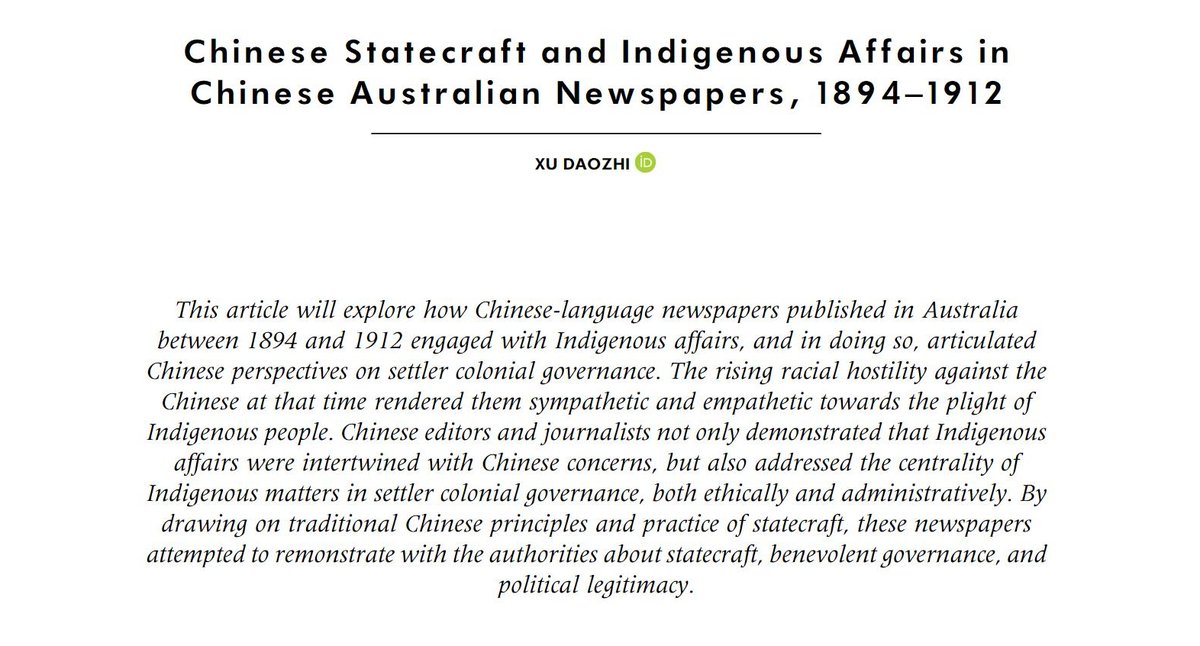 Latest article published online ahead-of-print by Daozhi Xu, 'Chinese Statecraft and Indigenous Affairs in Chinese Australian Newspapers, 1894–1912'
#ozhist #chinozhist
doi.org/10.1080/103146…