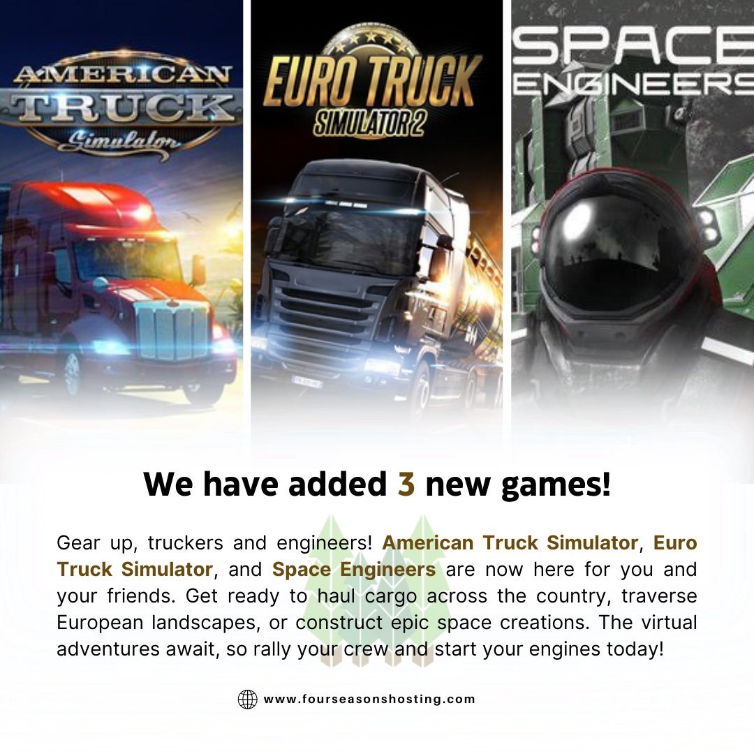 4SeasonsHosting's tweet image. We have added 3 new games to our system. At Four Seasons Hosting we provide quality services at affordable price!

#FourSeasonsHosting #ETS #EuroTruckSimulator #SCSSoftware #Scania #Truck #Mods #TruckersMP #Simulator #SCS #EuroTruck #WorldOfTrucks #Türkiye #Multiplayer #Trucks