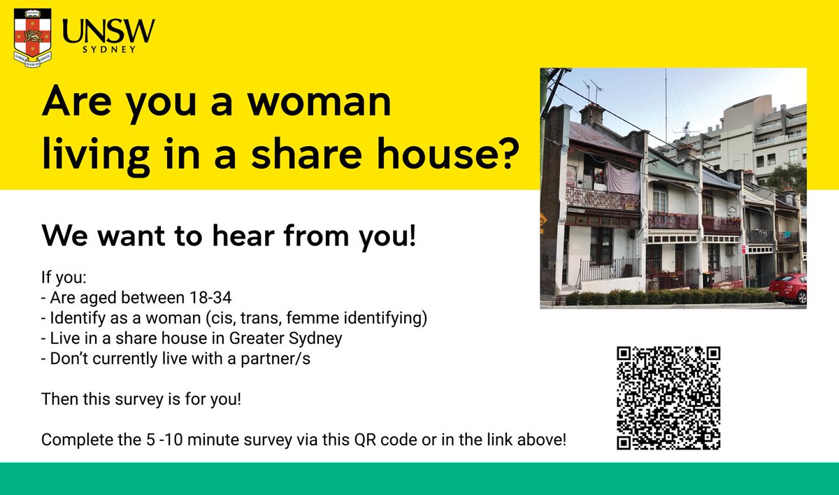 Are you or is someone you know a woman living in a share house? This study wants to hear from you! 🏘️
#Masters candidate @aley_buxton is researching the experiences of young single women living in #sharehousing in Greater Syd. 

Find the 5min survey below:
unsw.au1.qualtrics.com/jfe/form/SV_5y…