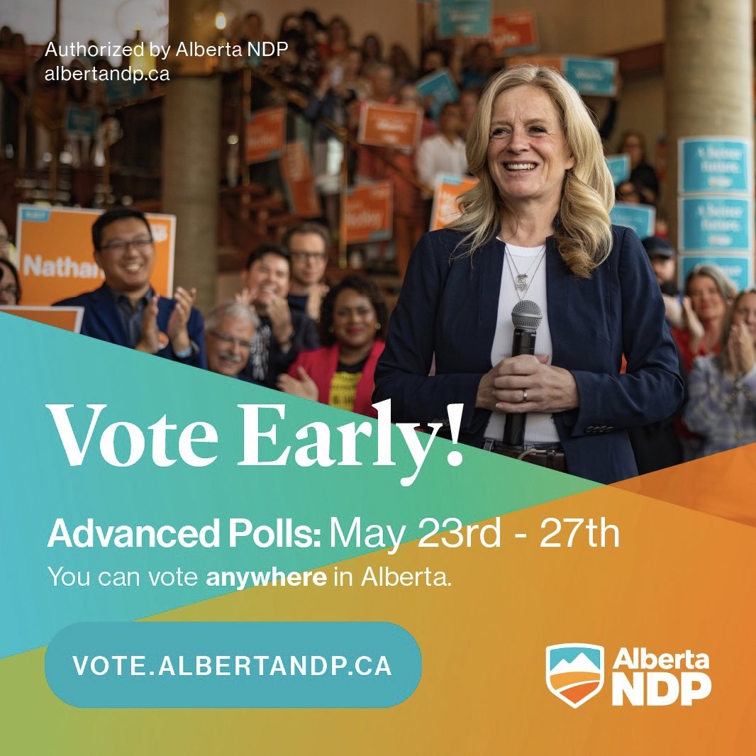 Vote early starting Tuesday! 🍊

You can vote at *ANY* advanced polling station in Alberta between May 23 and May 27. Tap this link to find out where: 
vote.albertandp.ca 

This election is too important to miss, so lock in your vote early for #ABetterFuture, Alberta!

🧡🗳️