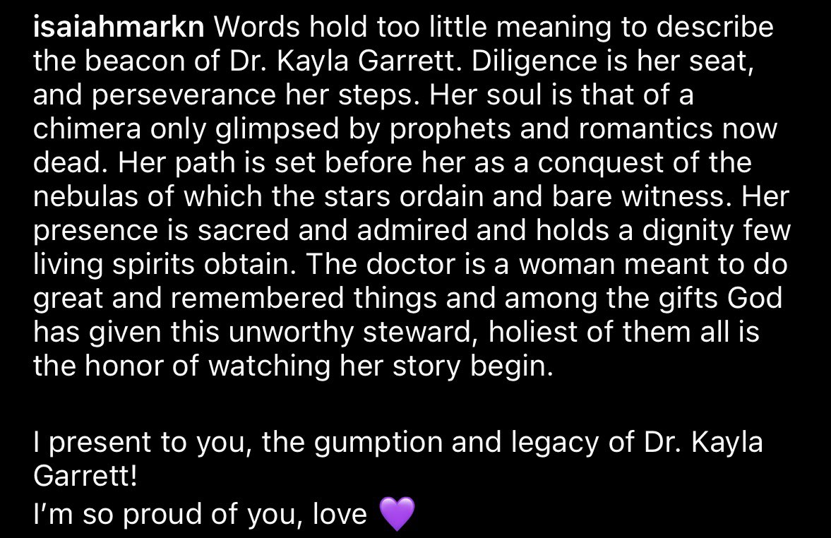 Wendigoon8's tweet photo. Im proud of this girl in ways I can’t explain. I’ve seen her labor with a monumental passion and serene vigor that must not exist apart from her visage. She is as strong as a myth and just as inspirational. Congratulations, Doctor Kayla Garrett 💜 https://t.co/OGcDXm9gdR