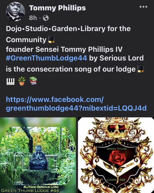 Dojo•Studio•Garden•Library for the Community🎩
founder Sensei @TPhillipsIV 

#GreenThumbLodge44 by @serious_lord is the consecration song of our lodge🎩🎹 🪴 📚 @GreenThumbLodge 

facebook.com/greenthumblodg… 

#atlantamusic #atlmusic #atlantamusicscene #atlmusicscene
