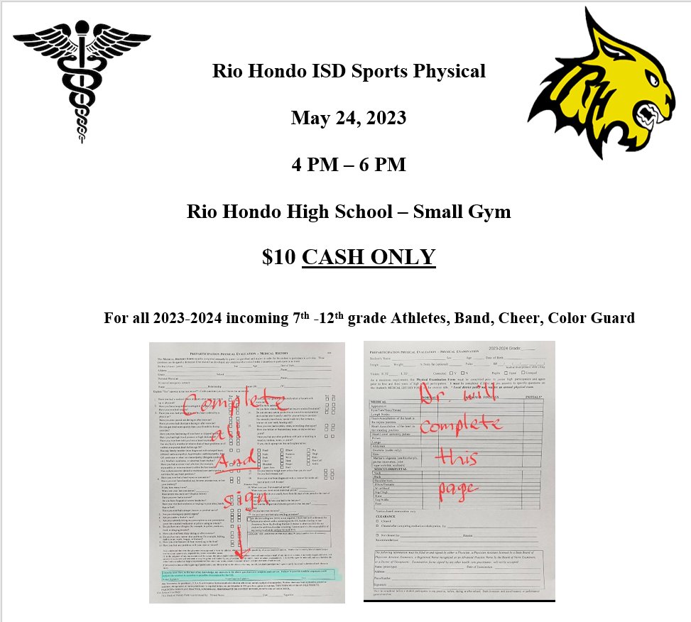 Reminder to bring in $10 cash and completed and signed Medical History page of physical form. 
@RHHS_Bobcats @RHISD_Athletics