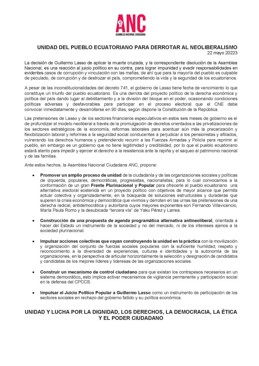 ANC_Ecuador's tweet photo. Pronunciamiento de diversas organizaciones sociales, que vienen trabajado por la construcción de un gran Frente de Unidad del Pueblo ecuatoriano, para derrotar al neoliberalismo en las próximas elecciones https://t.co/QuyXs3M2IH