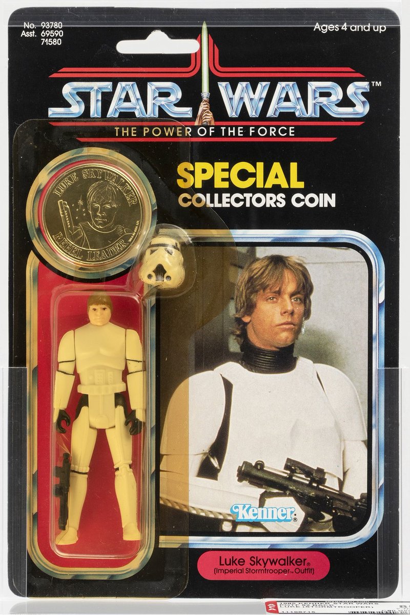 gocollect's tweet image. 🔥This AFA graded and encapsulated 92 Back blister card containing a 3.75" tall action figure of #LukeSkywalker in his imperial Stormtrooper Outfit w/matching aluminum collectors coin (#Kenner ©1984) sold for $1,622.50 through @HakesAuctions on May 17. #yesplease