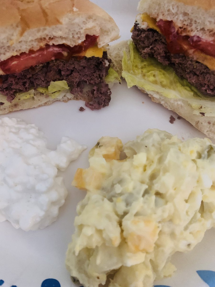 First cookout of the season! Cheeseburgers, homemade potato 🥔 salad 🥗, and cottage cheese. #EatFresh