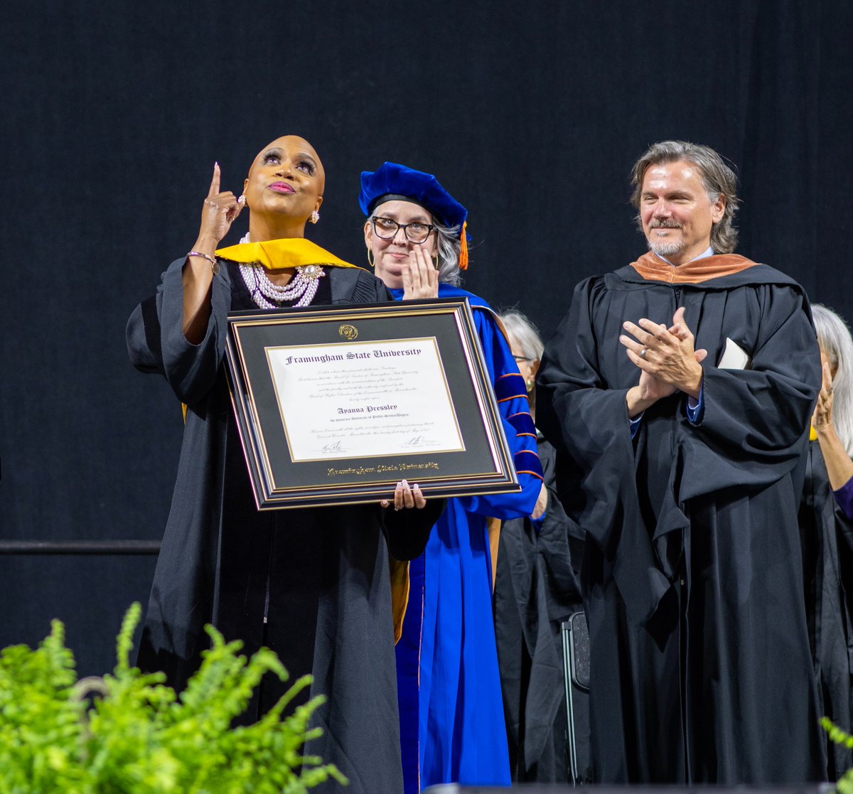 FraminghamU's tweet photo. Special thanks to @RepPressley for encouraging our #FramState23 undergrads to take up space - but create it too, call the question, shake the table, and disrupt the status quo. We are proud to welcome you to our #fRAMily. #rampride https://t.co/3I1vNO8KNu