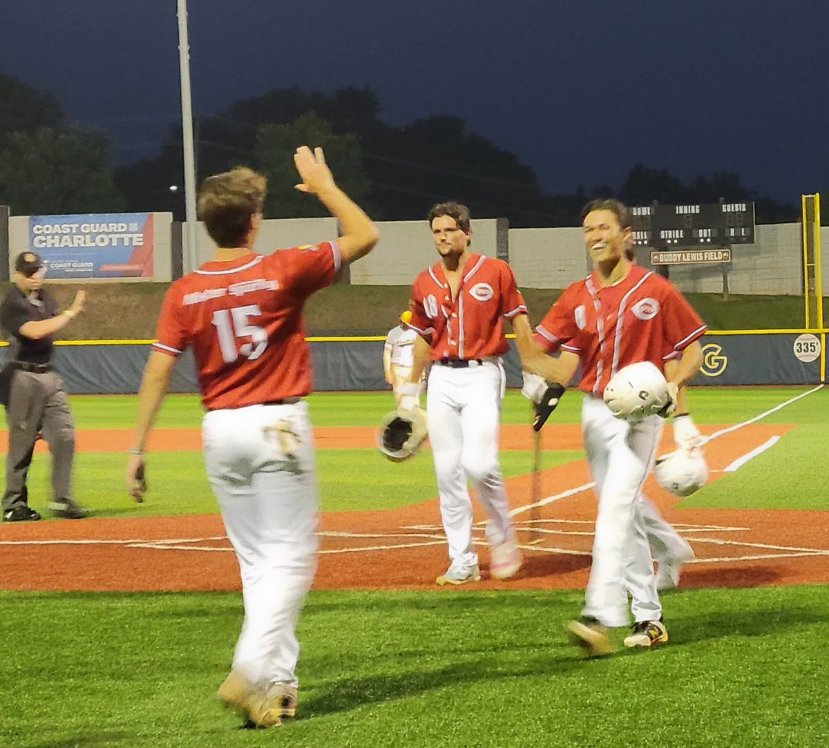 NCPost100's tweet photo. #8 @Ham80n3 Jacob Hamrick,  greeted by #15 Zane @Brock00Z after hitting a 3 run HR in top 7th extending Post 100's lead to 11-0. https://t.co/WOInzw4WLG