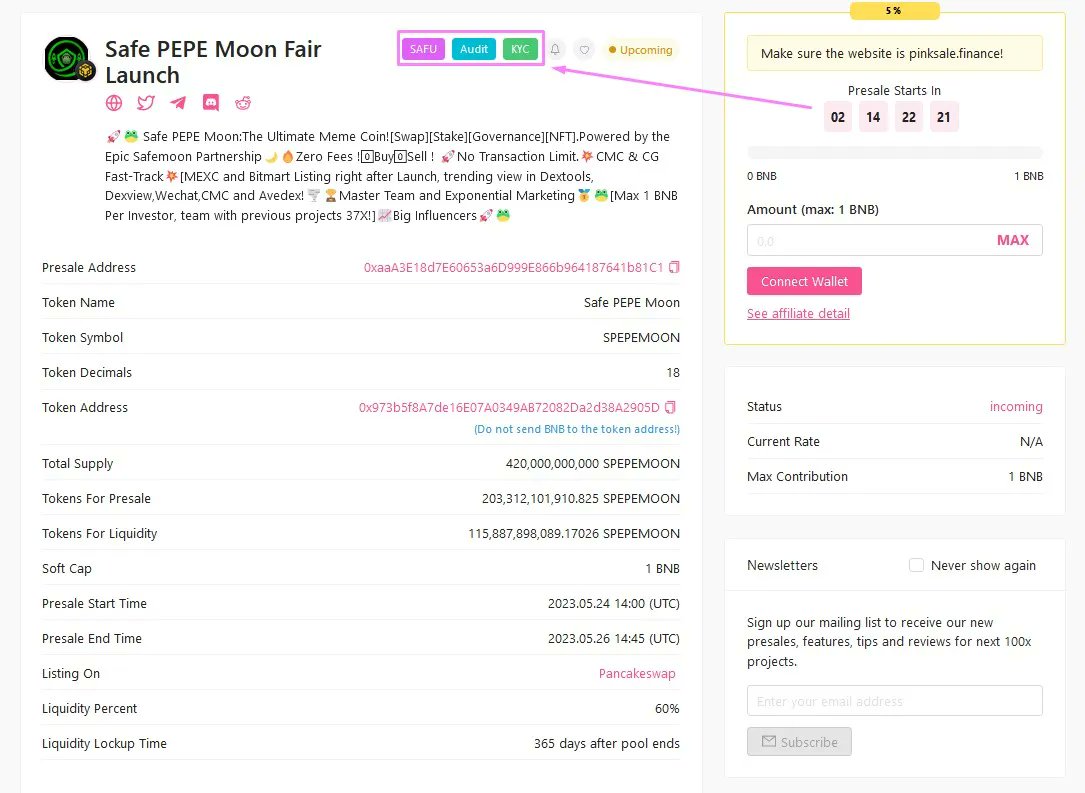 👉Congratulations to the Safe PEPE Moon team for fulfilling the requirements and receiving the #Pinksale #Safu badge.

🔥 The Safu badge requires a #Pinksale trusted developer to control the contract for the first 7 days.

🚀 Check them out below:

pinksale.finance/launchpad/0xaa…