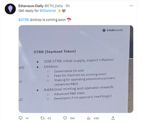 tranthanhbk's tweet photo. #Starknet có khả năng sẽ #Airdrop trong năm nay, anh em dù giàu hay nghèo cũng nên trích ít chi phí săn #Retroactive trên Starknet thông qua các Dapps như: 
1/ Jediswap @JediSwap 

2/ Myswap @mySwapxyz 

3/ 10Kswap @10KSwap 

4/ Starknet ID 

✅Token: $STRK

✅Anh em nào chưa làm thì tranh thủ chống móm 1 acc theo link hướng dẫn mình đã đăng:
https://t.co/1sJHJYEh8d

#Starknet #Starkware #Aidrop #Retroactive