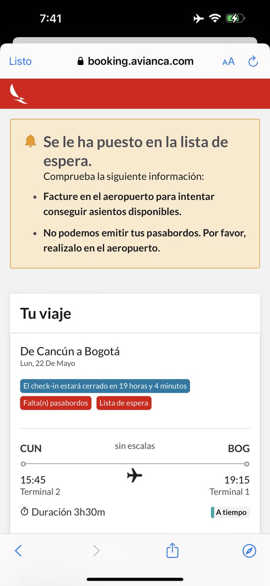 drlloreda's tweet photo. Alguien me explica cómo es posible que compré tiquetes de ida y vuelta Bog-Cancun y al hacer el chek-in para devolverme con mi esposa que de hecho esta en embarazo me dicen que quede en lista de espera, @AviancaEscucha @Avianca , que es esta falta de respeto. https://t.co/UmBiaKLP57