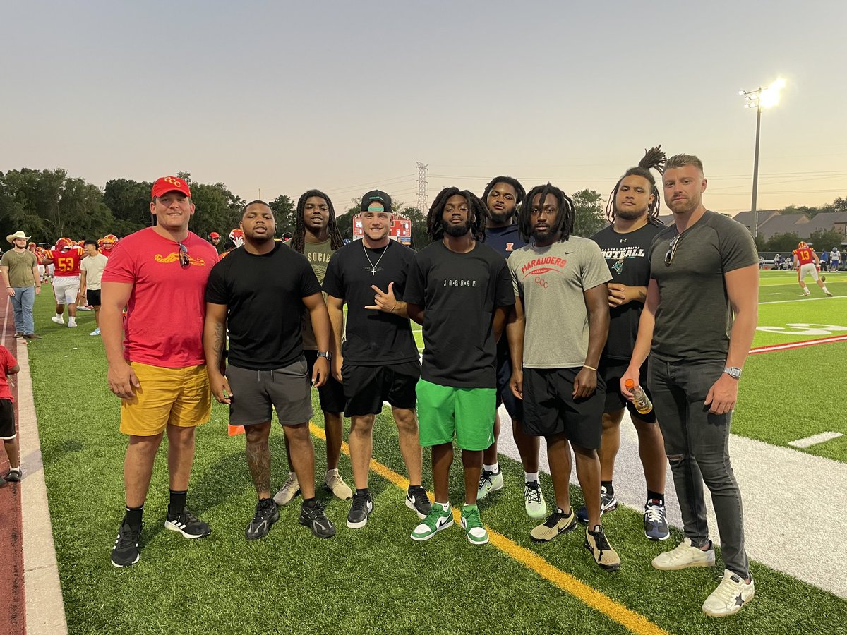 CoachCHarvey's tweet photo. Looked down the sideline at the spring game on Friday and saw no less that 40 former @CCCMaraudersFB players who came out to support their alma mater. I can’t tell what the future holds but I do know that because of them there is a solid foundation. We thank you!! #TeamOverMe https://t.co/esnbpUEsWc